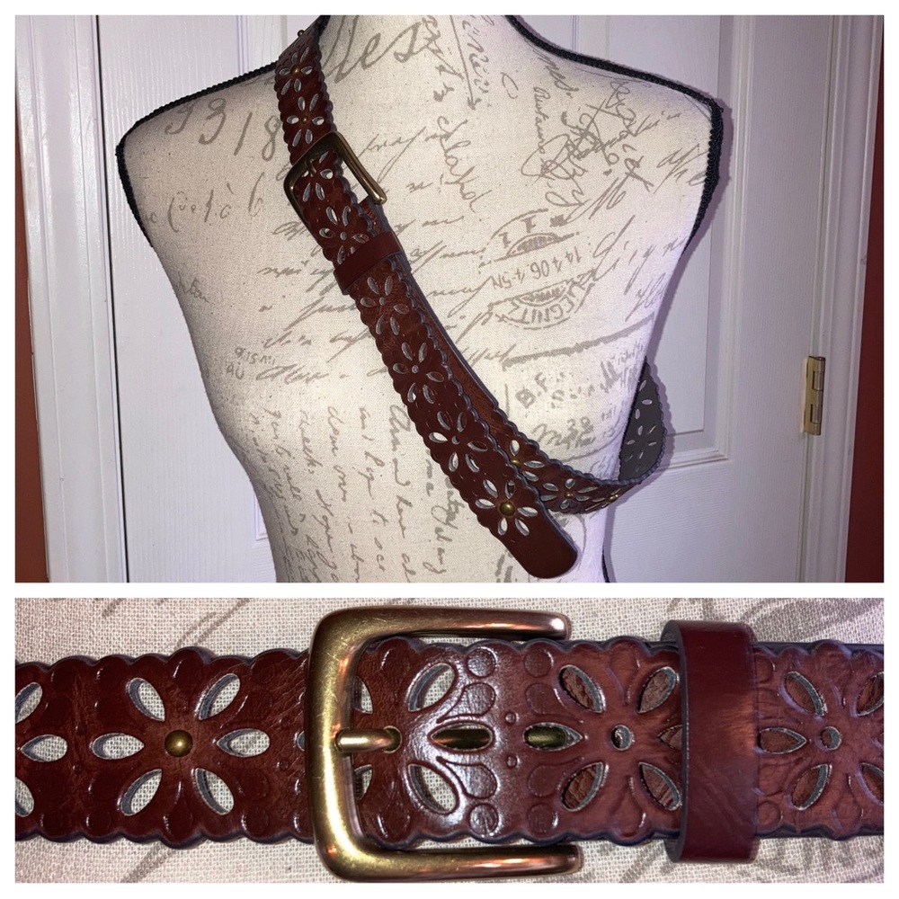 Floral Cut Out Studded Faux Leather Brass Buckle Brown Boho Hippie Belt XLarge